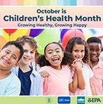 October is Children's Health Month - growing healthy, growing happy - picture of smiling children in front of colorful balloons