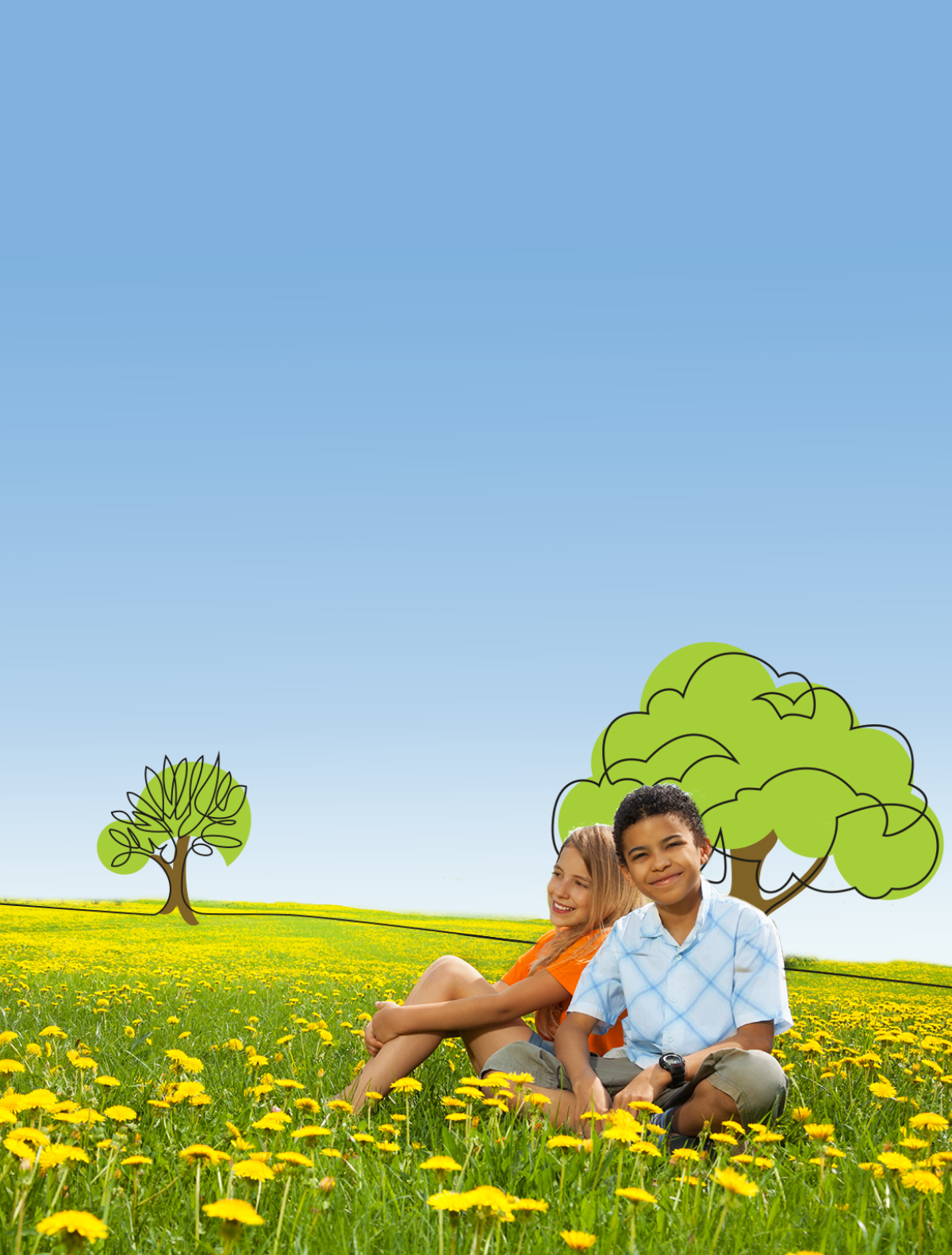 Children sitting in a field with cartoon trees.